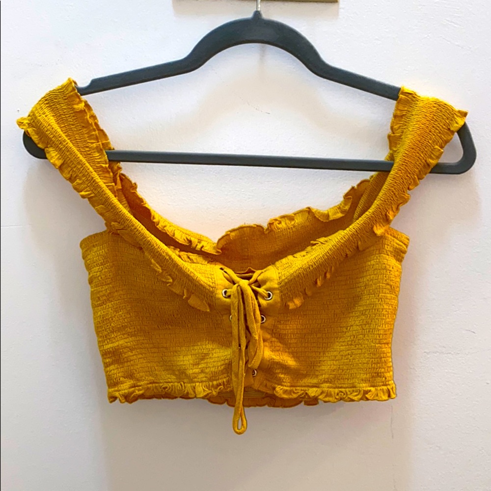 Mustard Yellow Tie Front off the Shoulder Crop Top